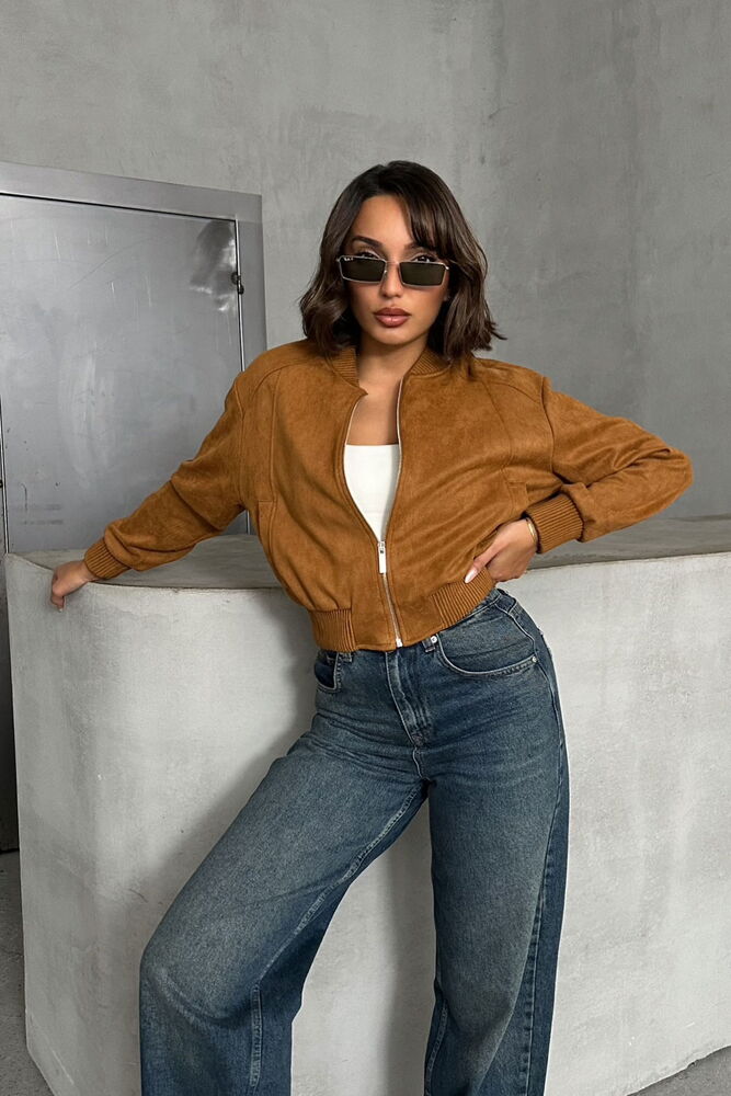 Camel Faux Suede Bomber Jacket