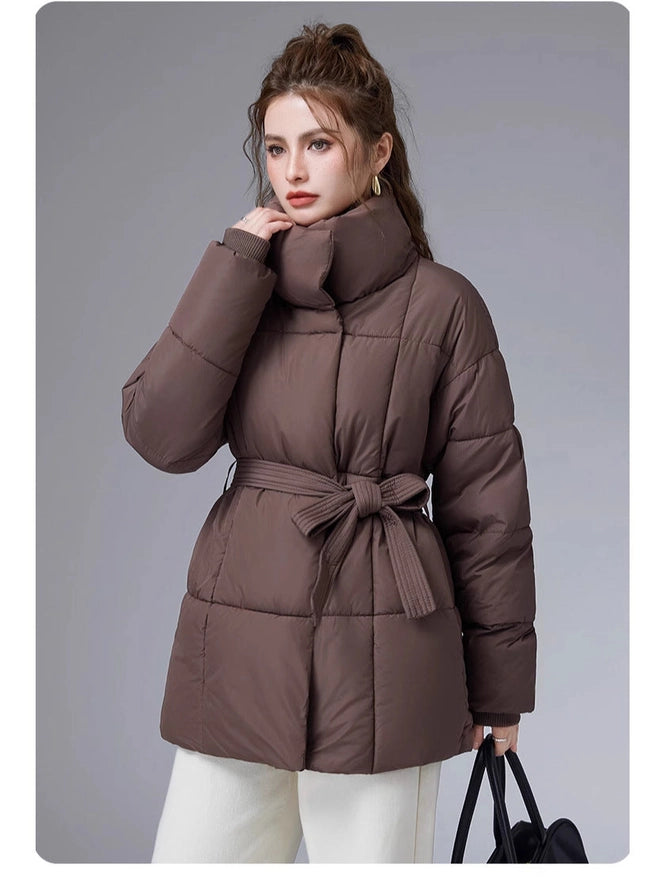 Coffee Soft-Down Belted Puffer Jacket