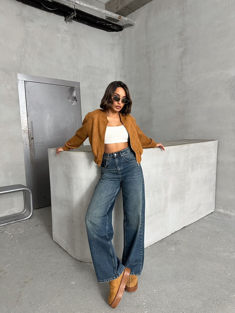 Camel Faux Suede Bomber Jacket