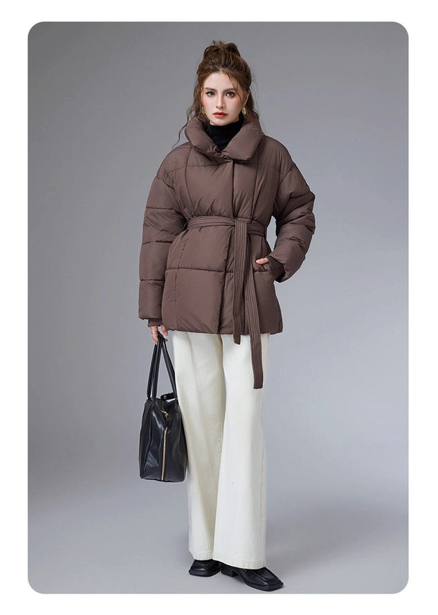 Coffee Soft-Down Belted Puffer Jacket