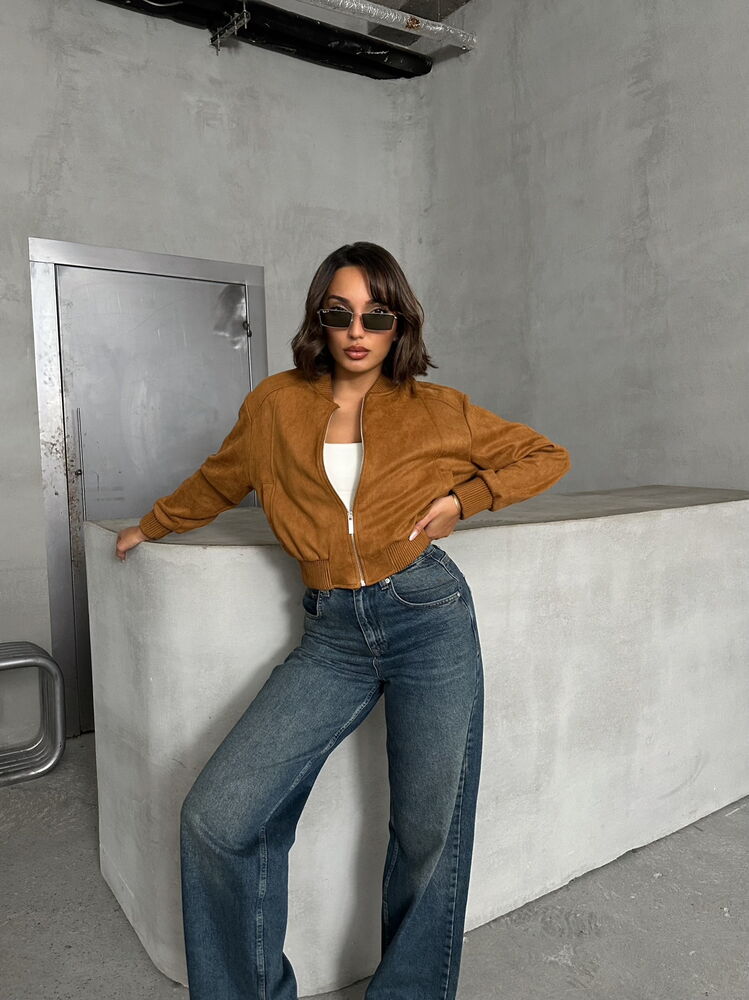 Camel Faux Suede Bomber Jacket