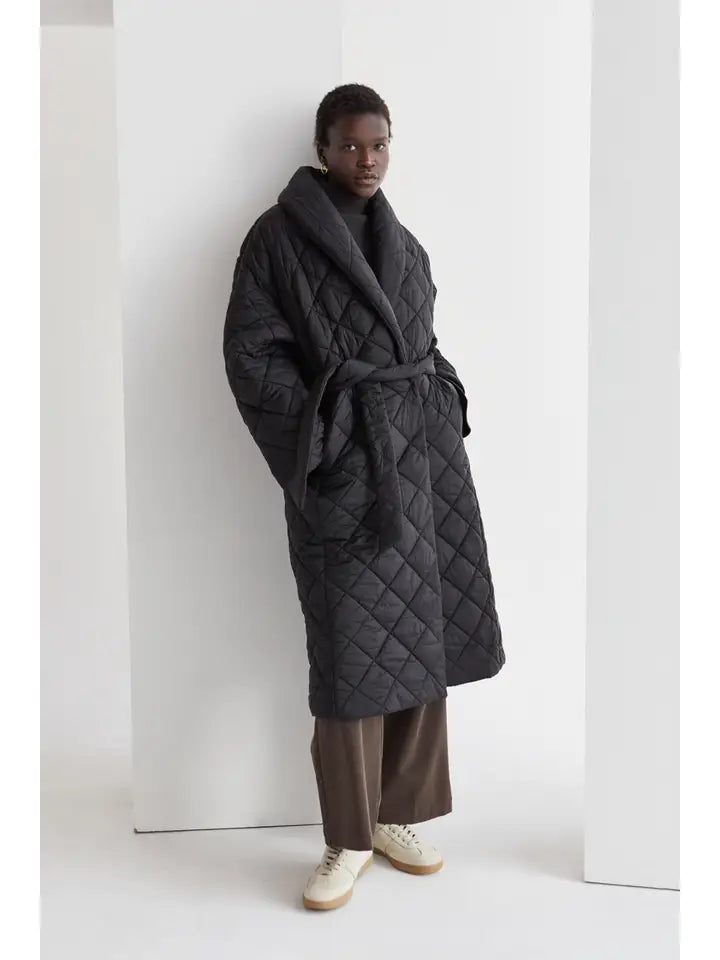 Black Quilted Wrap Puffer Coat