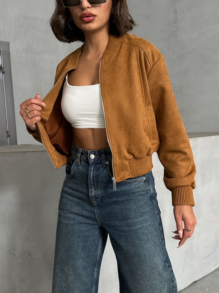 Camel Faux Suede Bomber Jacket