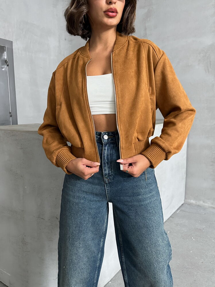 Camel Faux Suede Bomber Jacket