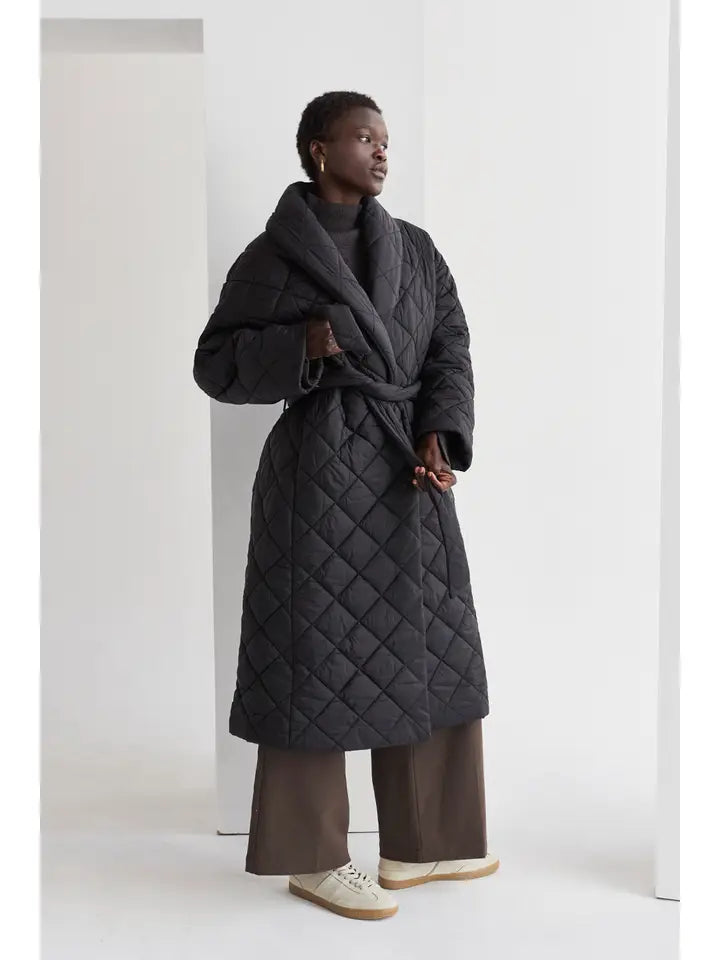 Black Quilted Wrap Puffer Coat