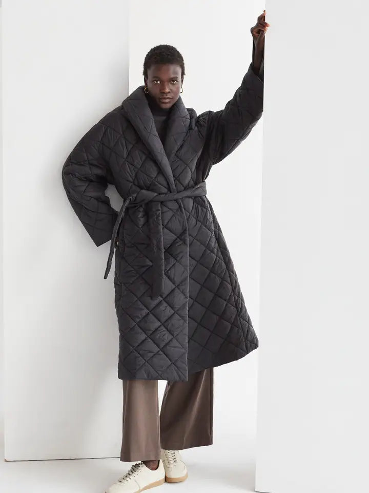 Black Quilted Wrap Puffer Coat