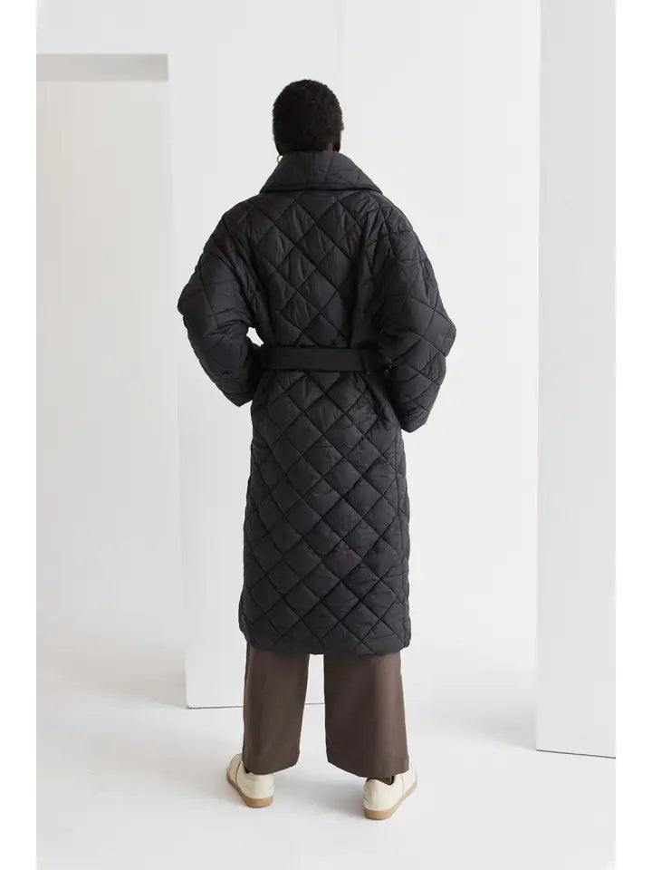 Black Quilted Wrap Puffer Coat