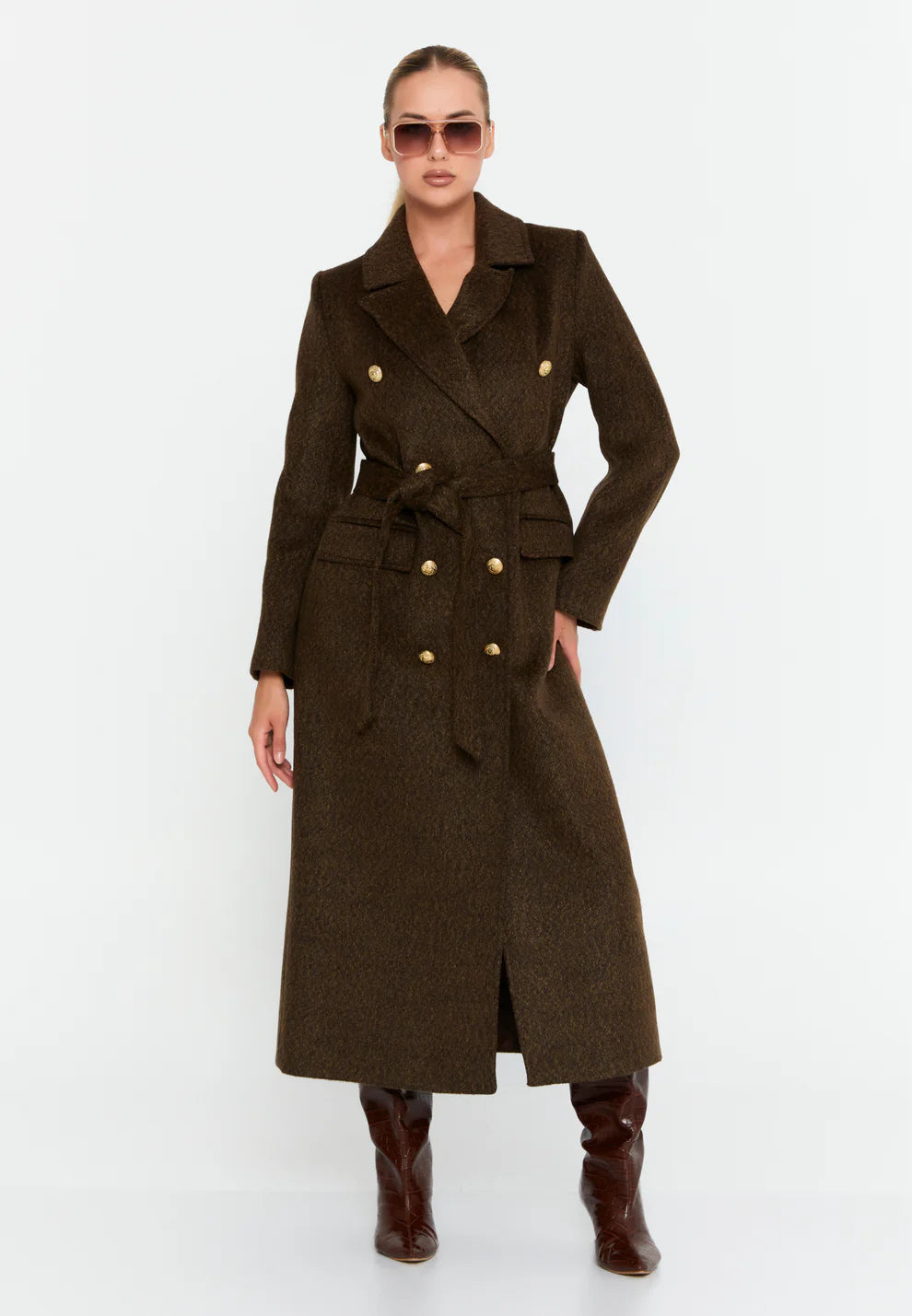 Olive Brown Wool Blend Double-Breasted Coat