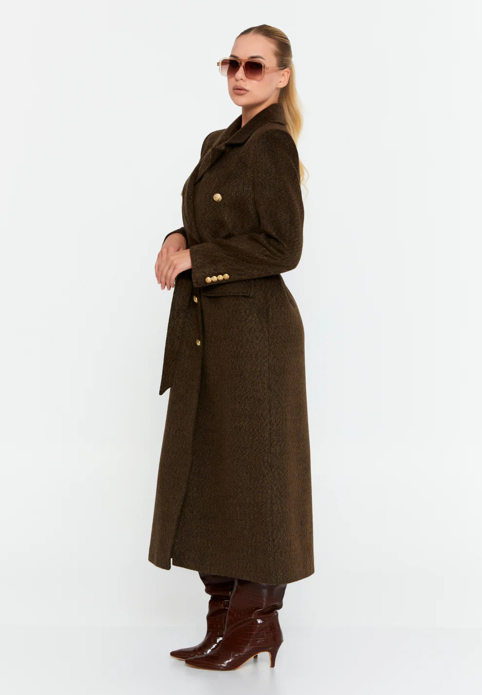 Olive Brown Wool Blend Double-Breasted Coat