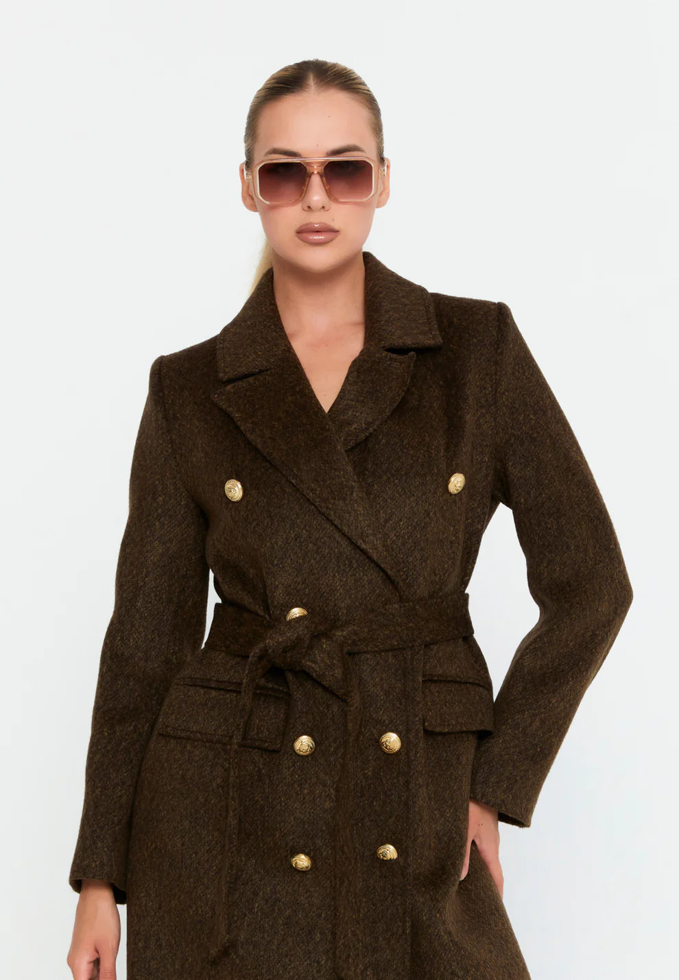 Olive Brown Wool Blend Double-Breasted Coat