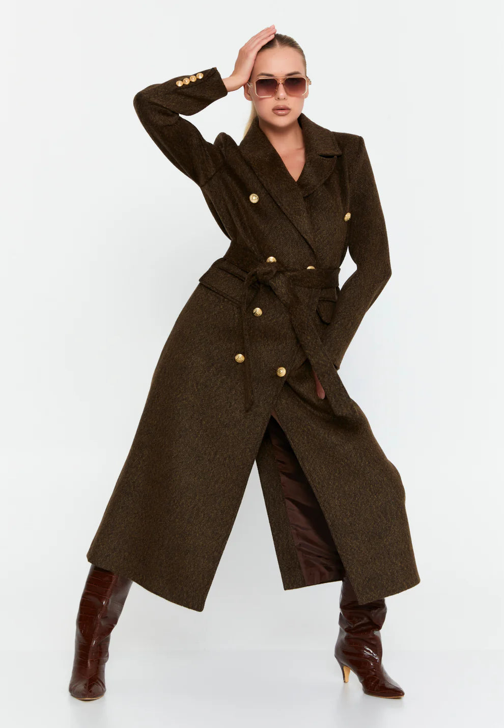Olive Brown Wool Blend Double-Breasted Coat