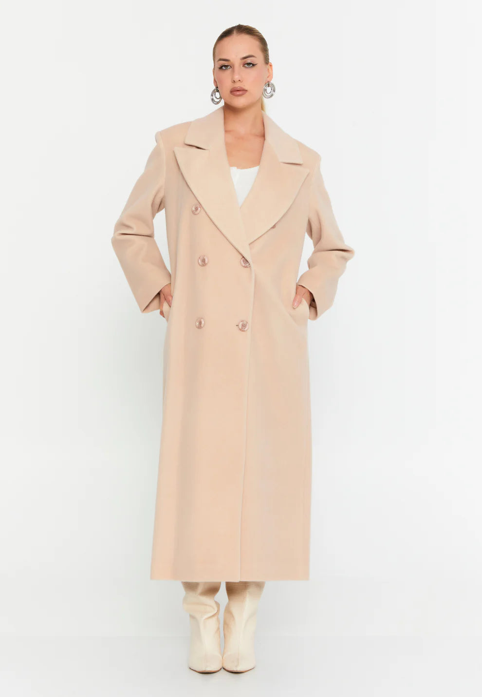 Cream Wool Blend Long Coat