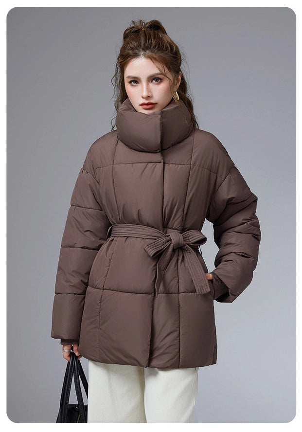 Coffee Soft-Down Belted Puffer Jacket