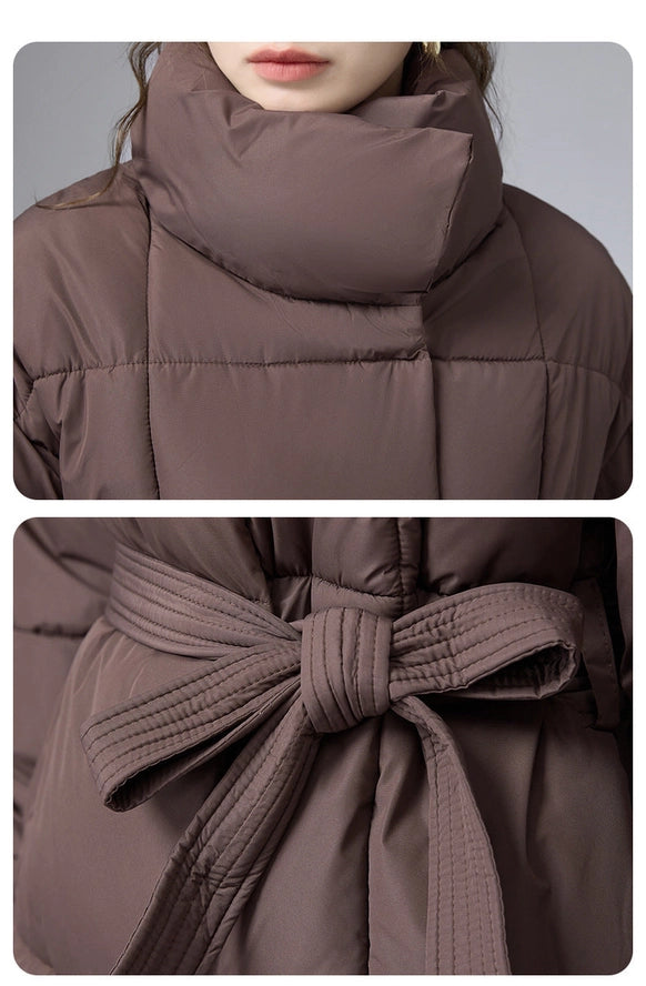 Coffee Soft-Down Belted Puffer Jacket