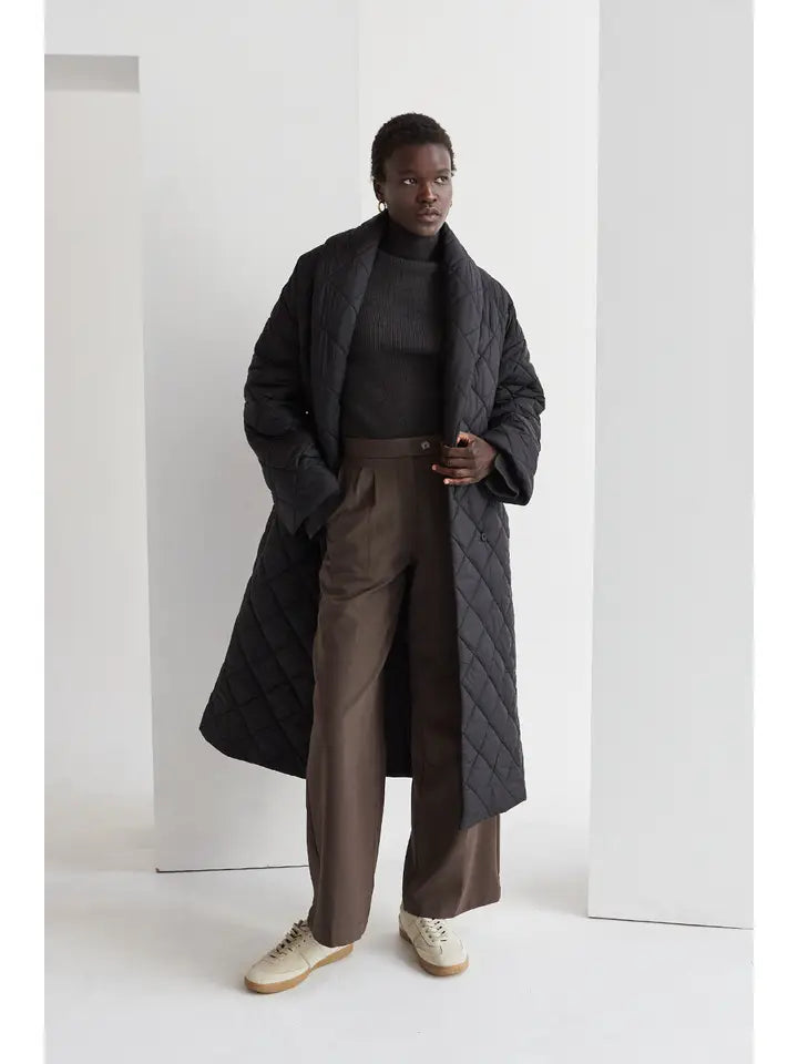 Black Quilted Wrap Puffer Coat