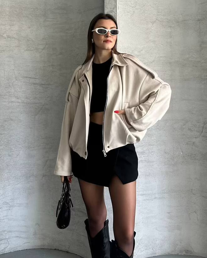 Oversized Beige Zip Jacket