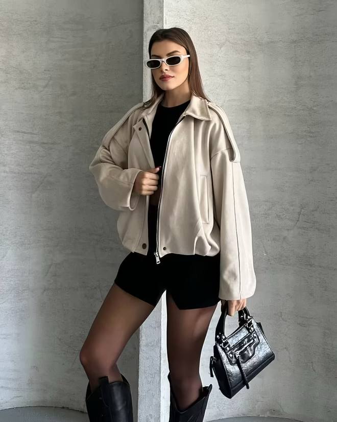 Oversized Beige Zip Jacket