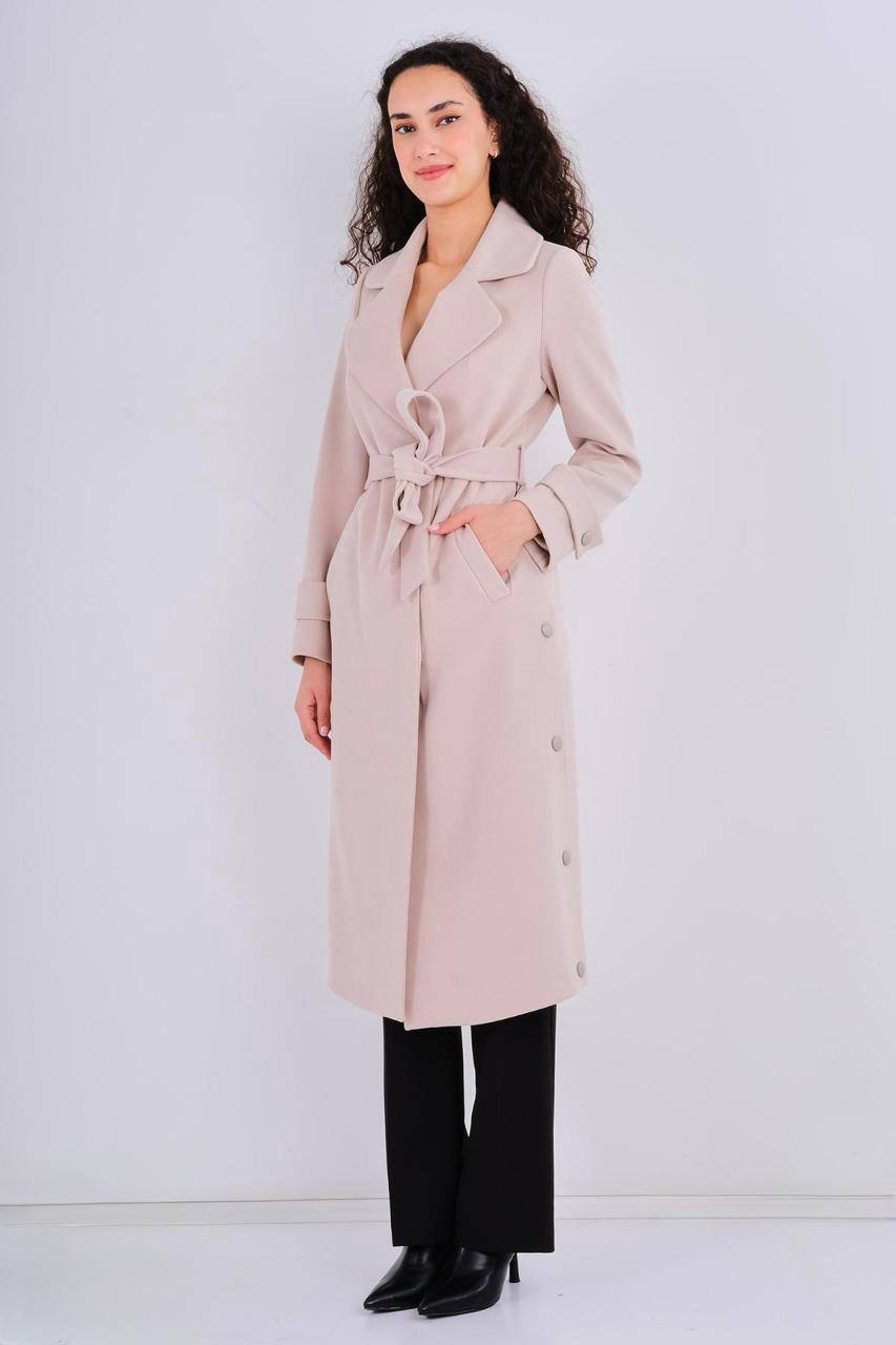Beige Belted Button-Detail Coat