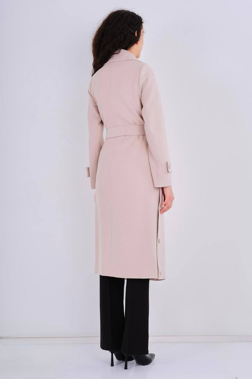 Beige Belted Button-Detail Coat