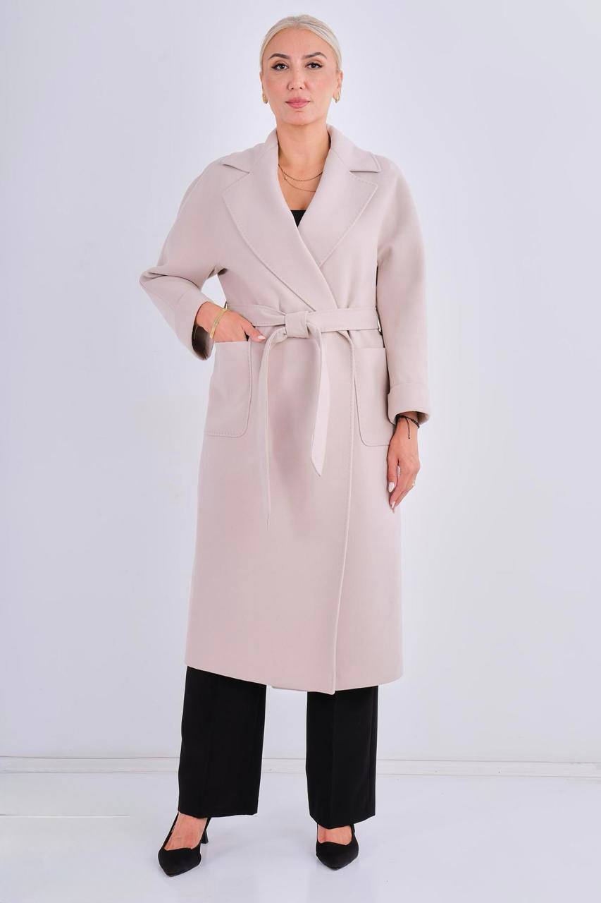 Beige Longline Wrap Coat with Pockets