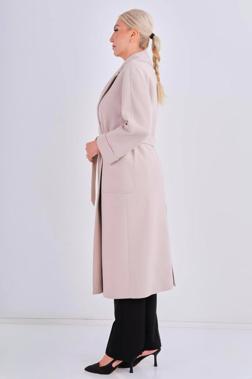 Beige Longline Wrap Coat with Pockets