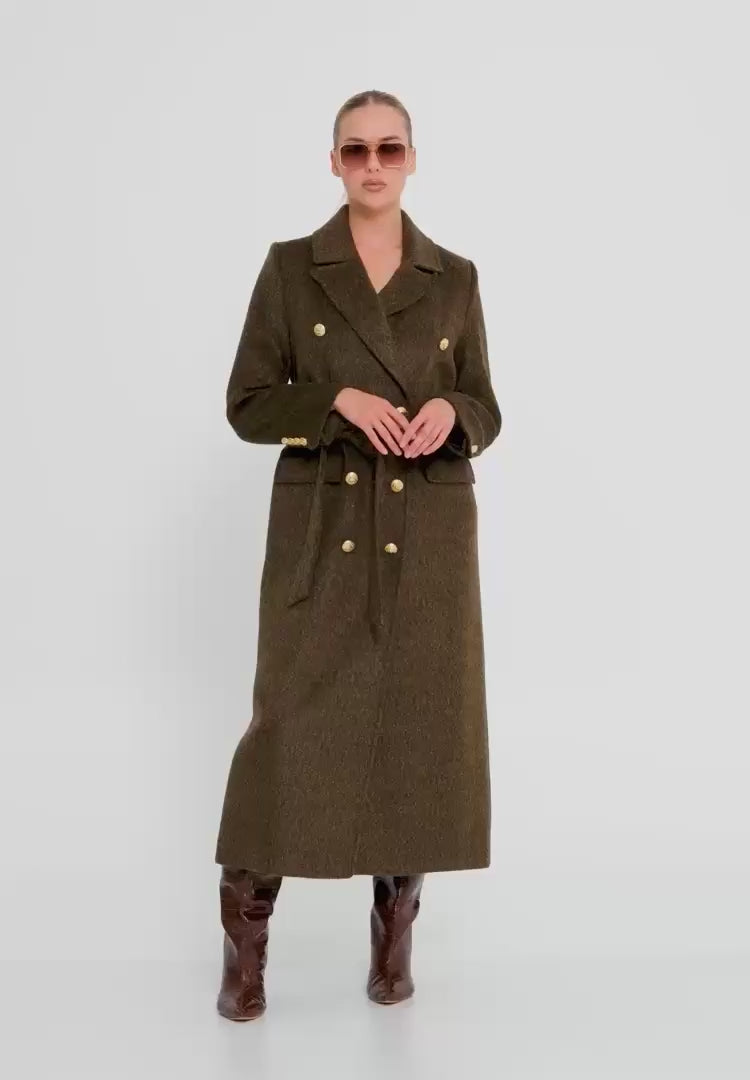 Olive Brown Wool Blend Double-Breasted Coat